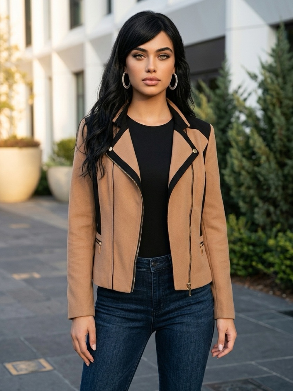White House Black Market Tan and Black Colorblock Moto Jacket
